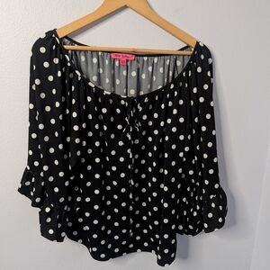 Betsey Johnson Polka‎ Dot Ruffle Sleeve Peasant Blouse Black White – Size M